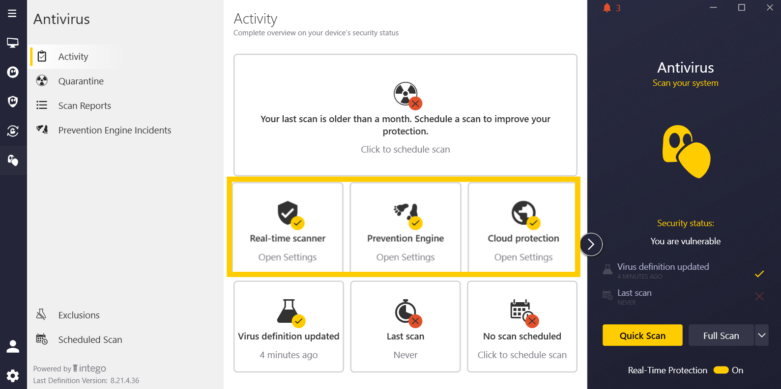 CyberGhost VPN settings showing the "Antivirus" and "Real-time Protection" options highlighted.