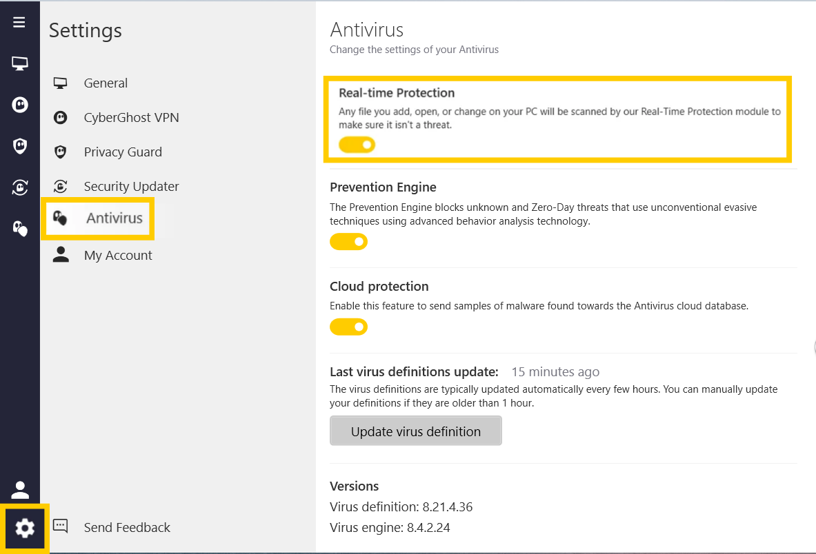 CyberGhost VPN settings showing the "Antivirus" and "Real-time Protection" options highlighted.