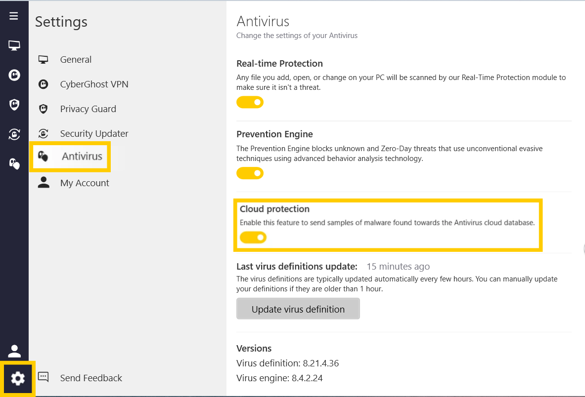 CyberGhost VPN settings showing the "Antivirus" and "Cloud protection" options highlighted.