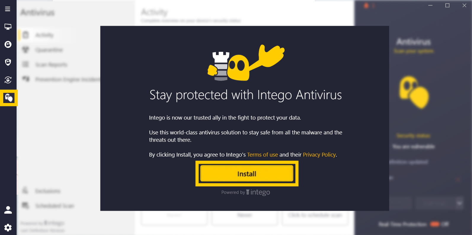 CyberGhost VPN showing the Intego Antivirus install window.