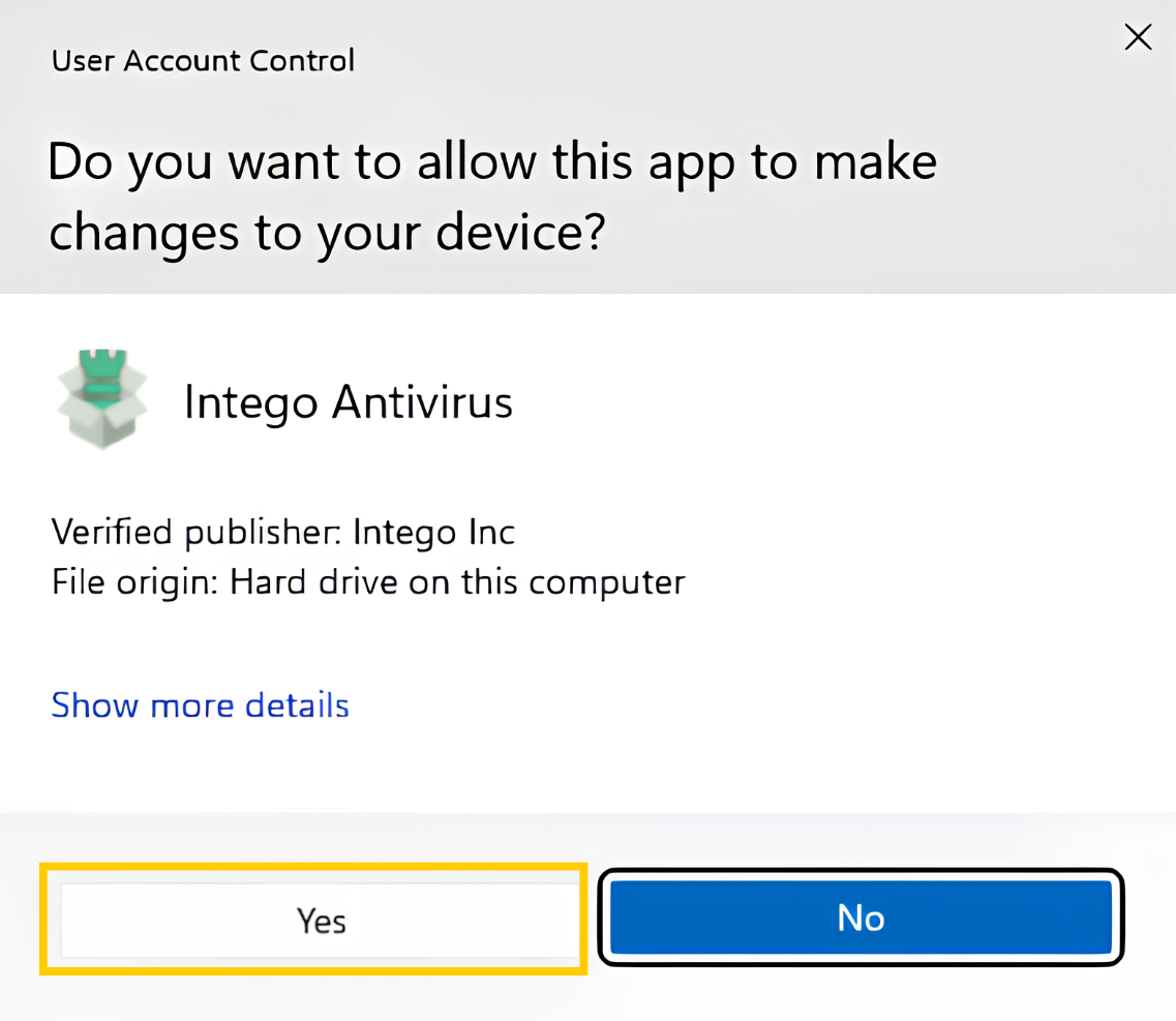 Windows notification showing the "Yes" option to install Intego Antivirus.