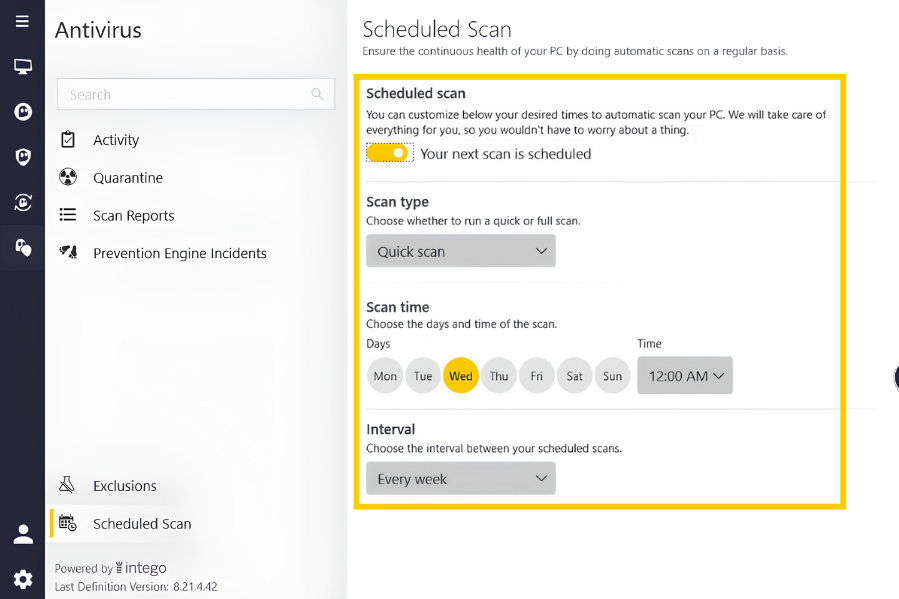 Intego Antivirus showing the "Scheduled scan" section highlighted.