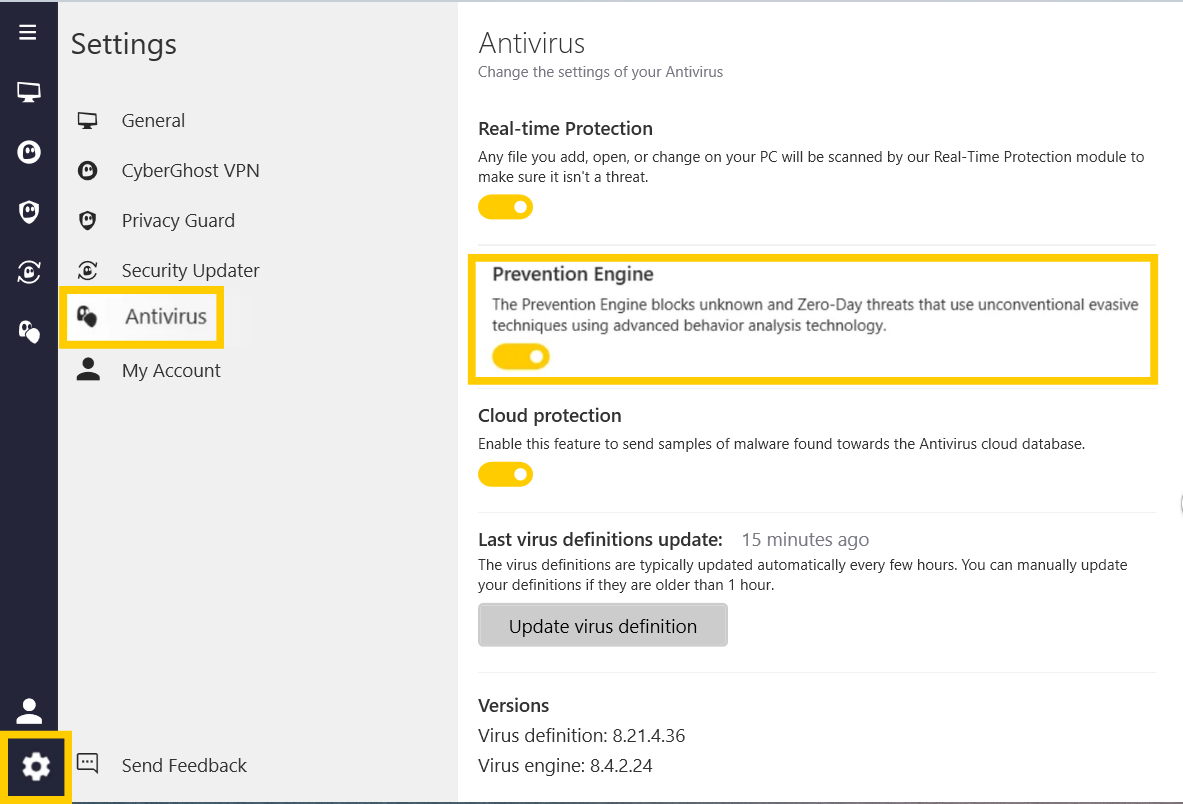 CyberGhost VPN settings showing the "Antivirus" and "Prevention Engine" options highlighted.