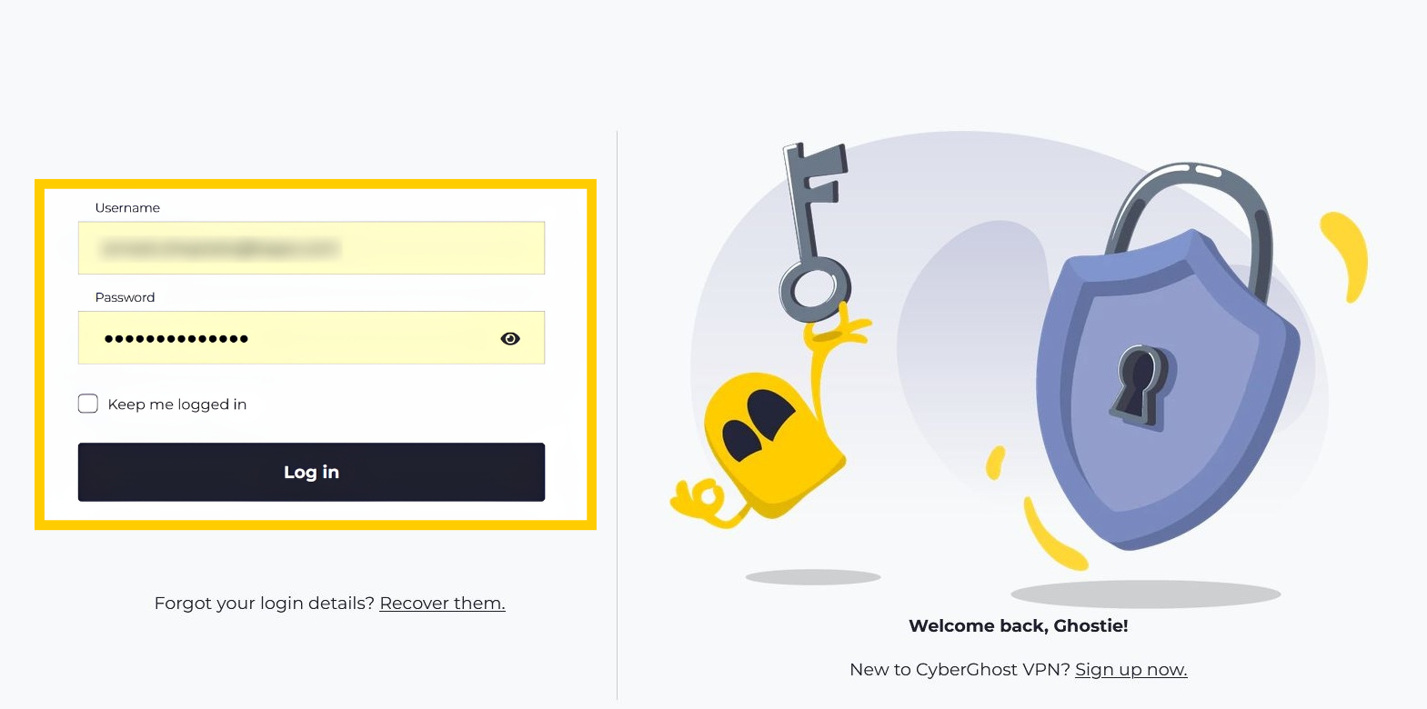 CyberGhost VPN login screen showing user credential fields inside a yellow box.