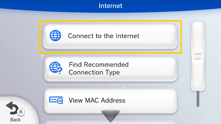 Wii U Internet settings sub-menu showing configuration options, with the "Connect to the Internet" button highlighted by a yellow box.