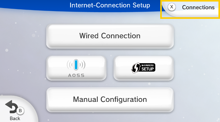 Wii U Internet-Connection Setup screen displaying connection methods, with the top-right "Connections" tab highlighted inside a yellow box.