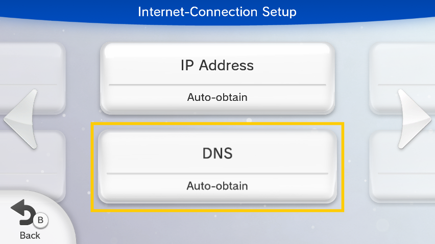 Wii U connection settings configuration screen displaying IP Address and DNS sections, with the "DNS" button highlighted inside a yellow box.