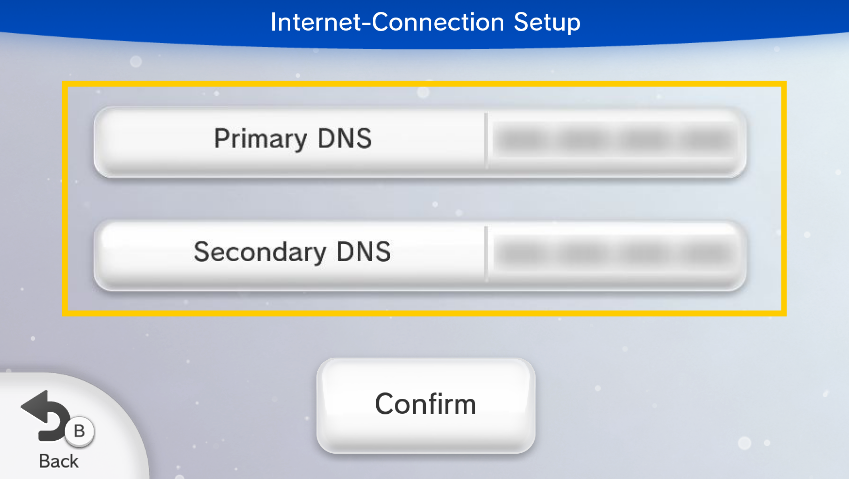 Wii U manual DNS entry screen showing blurred fields for Primary DNS and Secondary DNS enclosed in a yellow box.