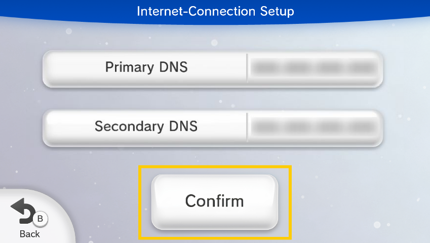 Wii U Internet-Connection Setup manual DNS entry screen showing the "Confirm" button in a highlighted yellow box.