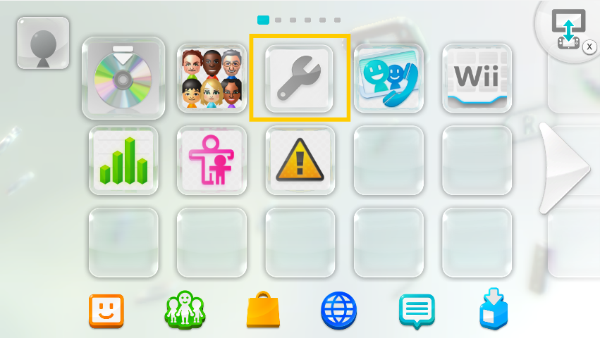 Wii U system menu interface, highlighting the System Settings wrench icon with a yellow box.