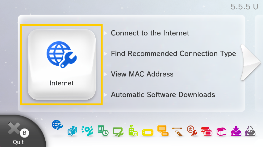 Wii U System Settings menu with the "Internet" button and options list highlighted inside a yellow box.