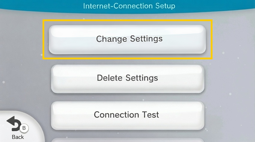 Wii U connection management menu showing setup choices, with the "Change Settings" button highlighted by a yellow box.