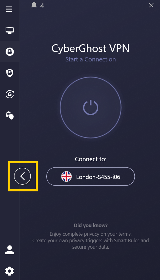CyberGhost VPN Windows app interface, showing a highlighted arrow icon.