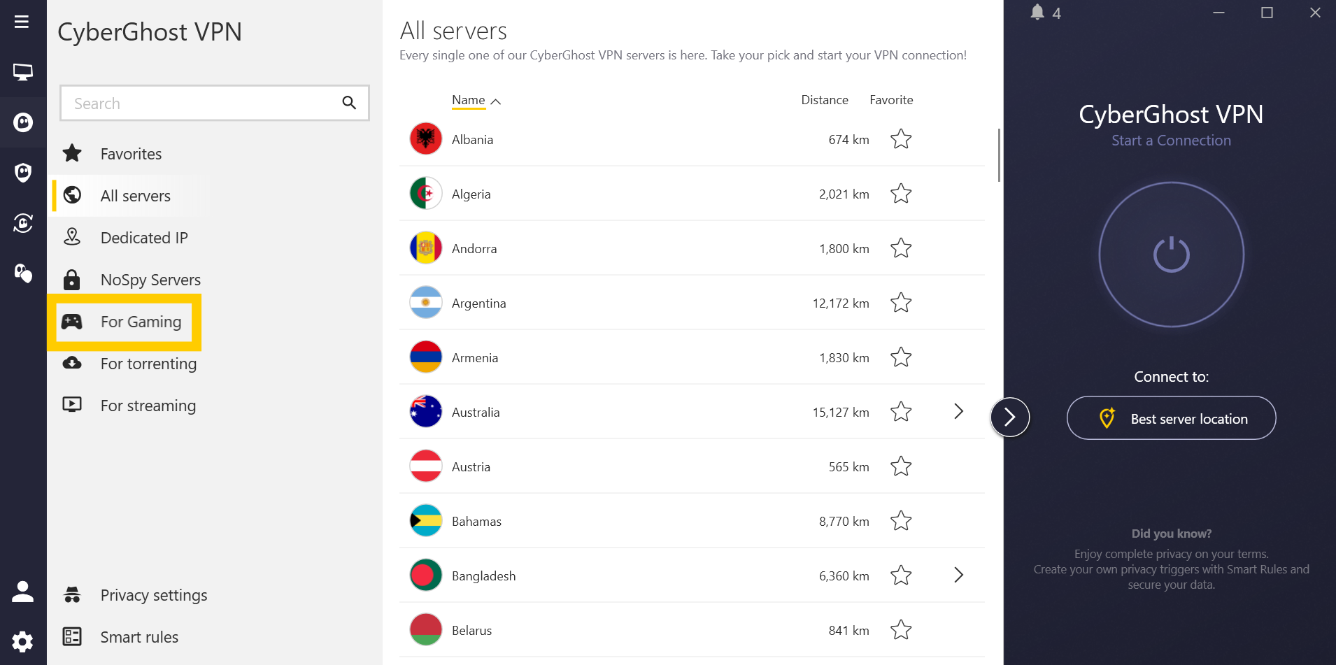 CyberGhost VPN Windows app interface, showing the expanded menu. The "For Gaming" tab is highlighted.