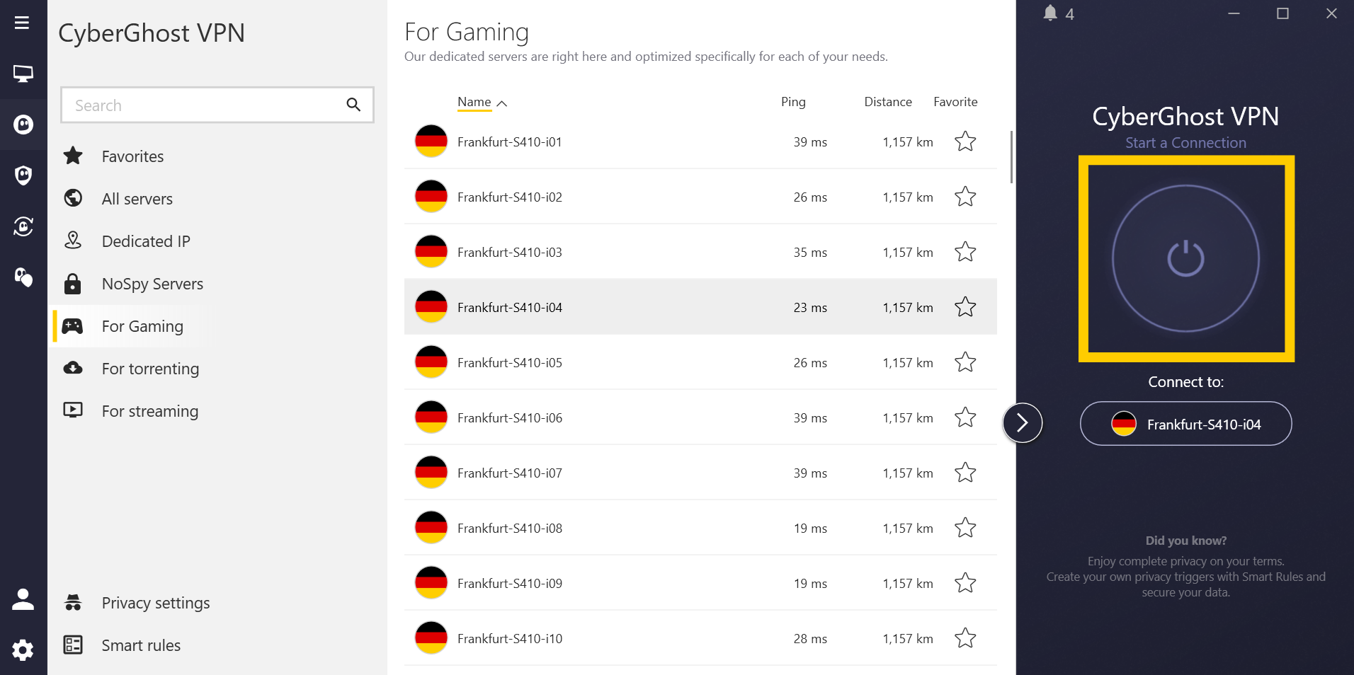 CyberGhost VPN Windows app interface, showing the gaming-optimized server list. The power button is highlighted.
