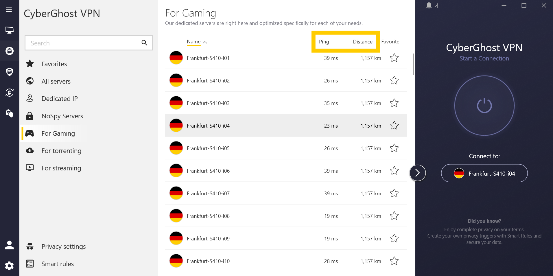 CyberGhost VPN Windows app interface, showing the gaming-optimized server list. The "Ping" and "Distance" column headers are highlighted.