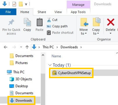 Dossier Téléchargements de Windows 10, avec Téléchargements dans le volet de navigation et le fichier d'installation de CyberGhost VPN mis en évidence.