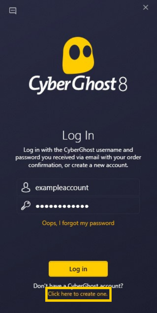 Application CyberGhost VPN avec le bouton Cliquez ici pour en créer un mis en évidence.