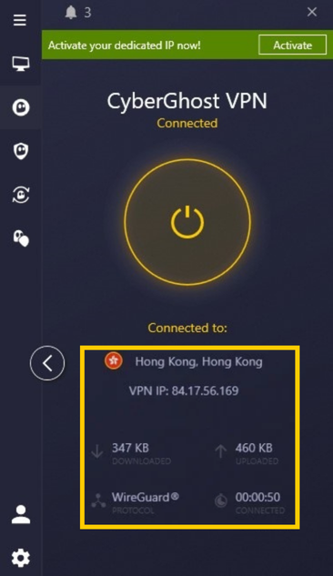 Application CyberGhost VPN avec le bouton d'allumage mis en évidence.