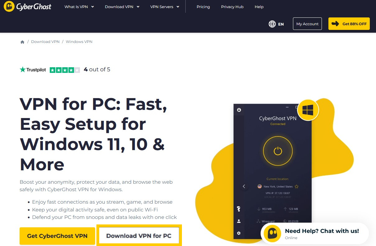 Die Seite „VPN für Windows“ der Webseite von CyberGhost VPN, auf der die Schaltfläche „VPN für PC herunterladen“ hervorgehoben ist. 