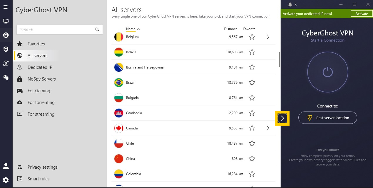 App von CyberGhost VPN: Erweiterte Ansicht des Tabs „Alle Server“ mit hervorgehobener Schaltfläche „Erweitern“.