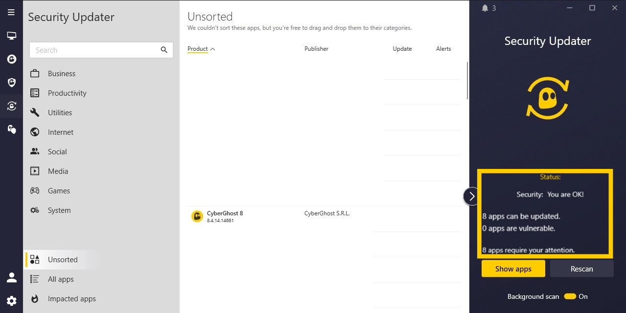 CyberGhost Security Updater mit hervorgehobenem Statusbericht.