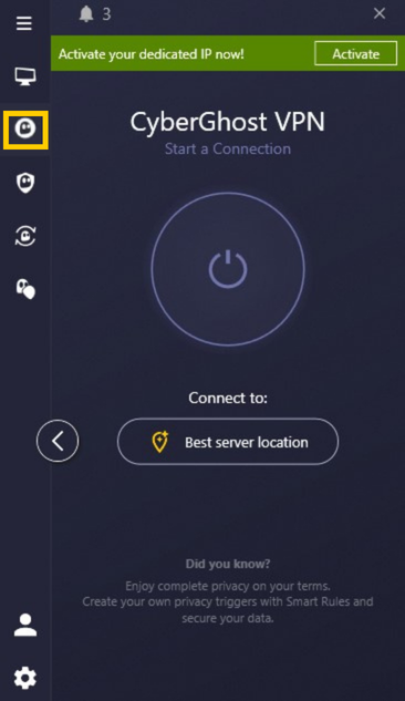 Die App von CyberGhost VPN, wobei ihr Symbol in der Seitenleiste hervorgehoben ist.