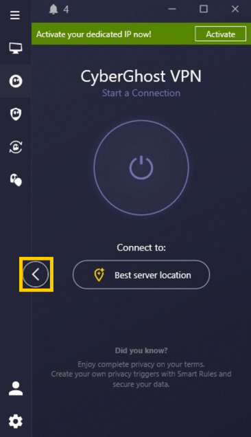 Application CyberGhost VPN avec le bouton pour agrandir mis en évidence.