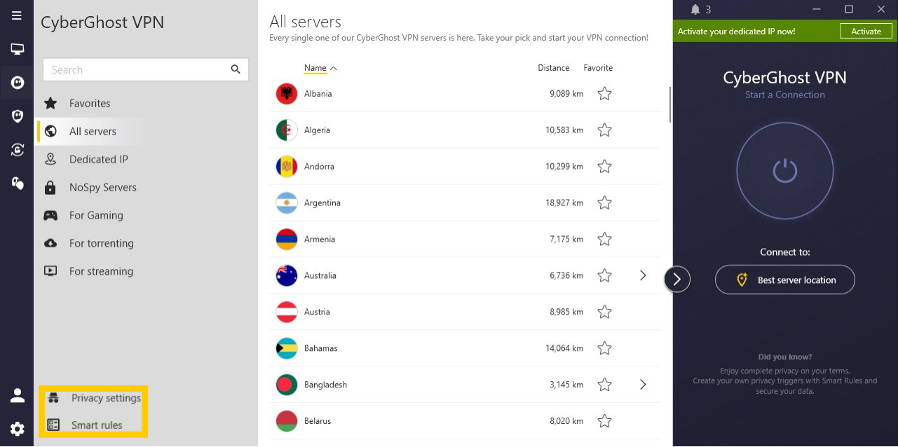 Vue étendue de l'application CyberGhost VPN mettant en évidence les Paramètres de confidentialité et les Smart Rules.