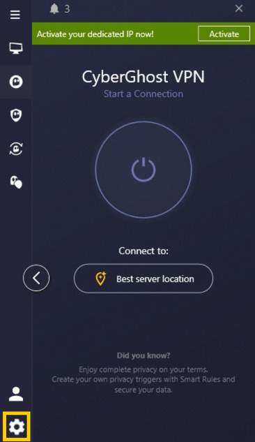 Application CyberGhost VPN avec l'icône d'engrenage des Paramètres mise en évidence.