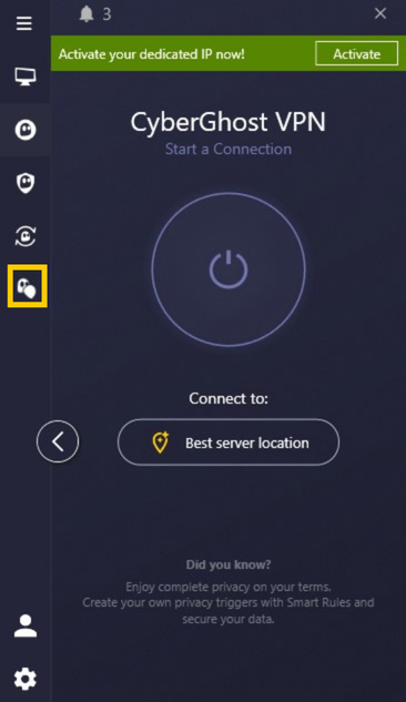 Application CyberGhost VPN avec l'icône Antivirus en évidence dans la barre latérale.