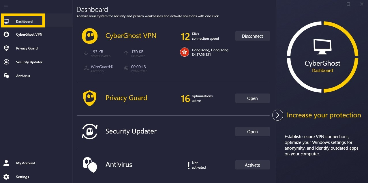 Mode étendu de l'application CyberGhost VPN avec le bouton Tableau de bord de la barre latérale mis en évidence.