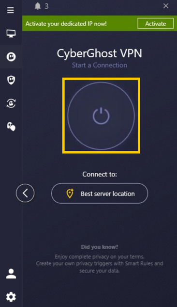 Application CyberGhost VPN avec le bouton d'allumage mis en évidence.