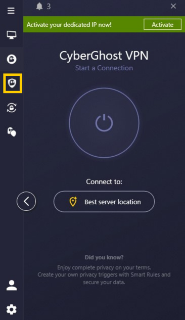 Application CyberGhost VPN avec l'icône Privacy Guard en évidence dans la barre latérale.