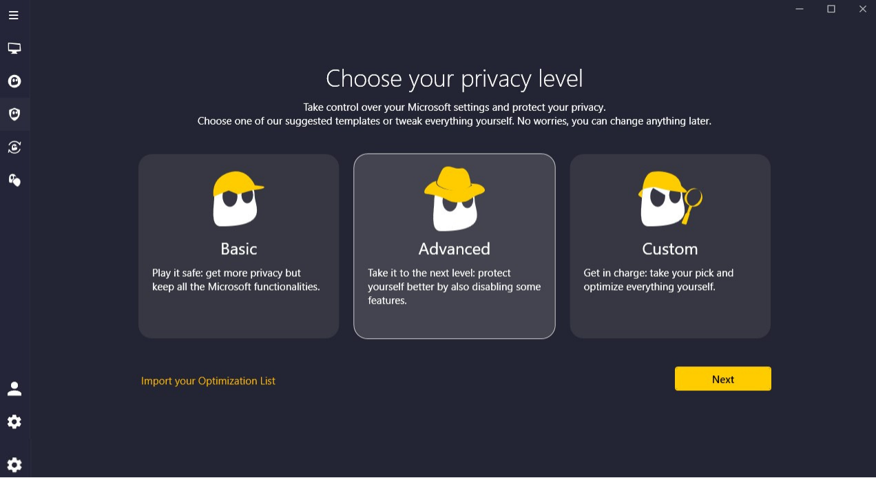 Écran Choisissez votre niveau de confidentialité sur CyberGhost Privacy Guard.