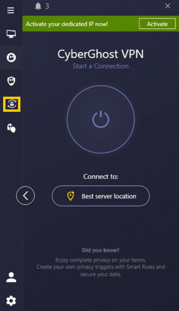 Application CyberGhost VPN avec l'icône Security Updater en évidence dans la barre latérale.