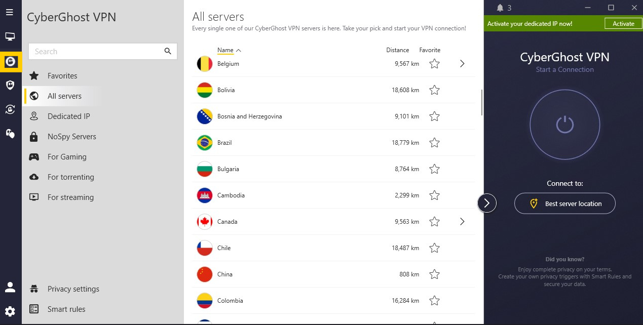 Vue étendue de l'application CyberGhost VPN avec l'icône CyberGhost VPN mise en évidence.
