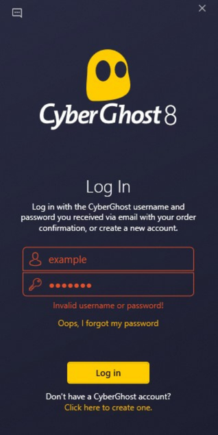 Erreur Nom d'utilisateur ou mot de passe invalide ! dans l'application CyberGhost VPN.