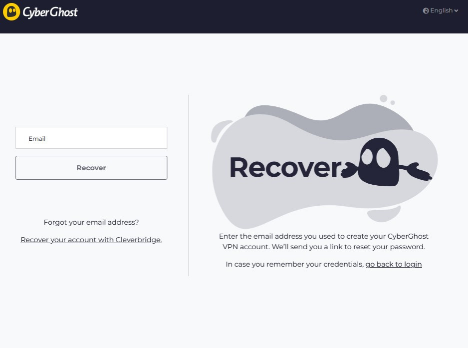 Page de récupération de mot de passe CyberGhost VPN.