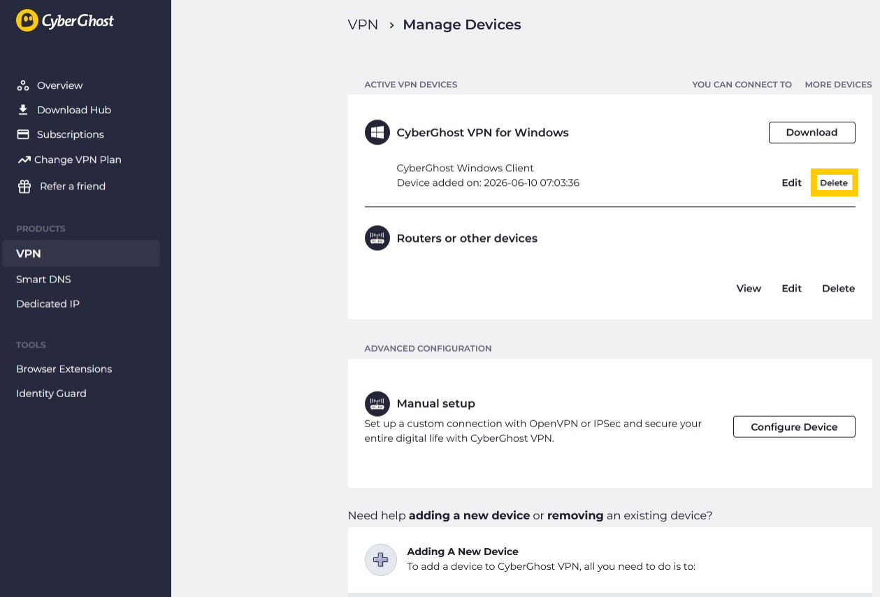  Page de gestion de compte CyberGhost VPN, avec le bouton Supprimer mis en évidence à côté d'un appareil VPN actif.