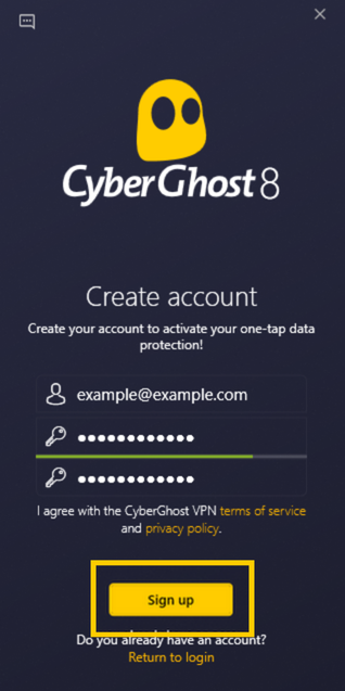 App von CyberGhost VPN: Erstellung eines neuen Kontos, wobei die Schaltfläche „Anmelden“ hervorgehoben ist.