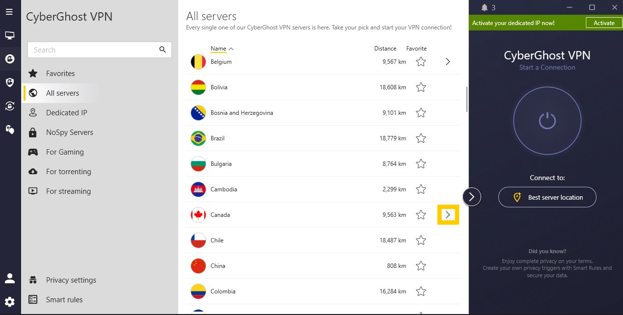Vue développée de l'application CyberGhost VPN, dans l'onglet Tous les serveurs, avec le bouton pour agrandir, à côté du Canada, mis en évidence.