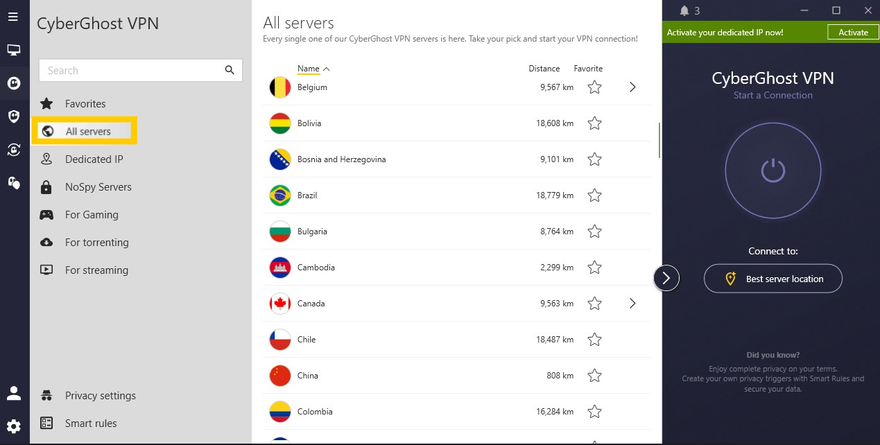 Vue étendue de l'application CyberGhost VPN avec l'onglet Tous les serveurs mis en évidence.