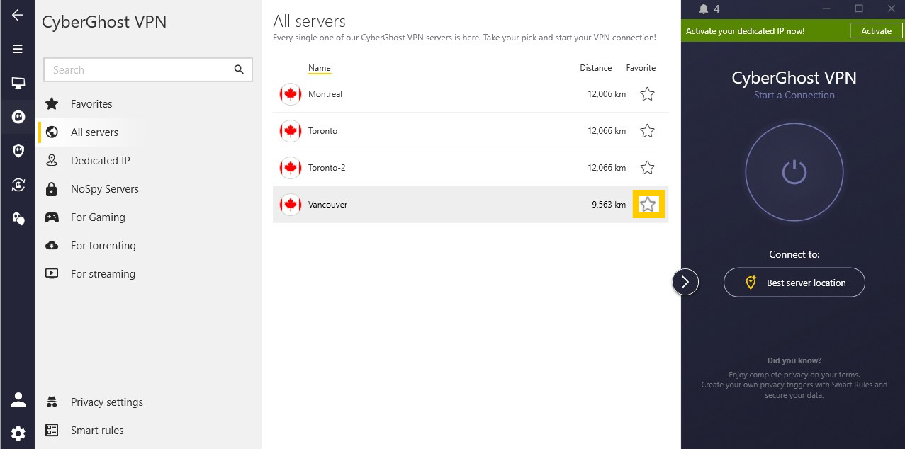 Vue étendue de l'application CyberGhost VPN, avec la liste complète des emplacements de serveurs au Canada, et l'étoile à côté de Vancouver mise en évidence.