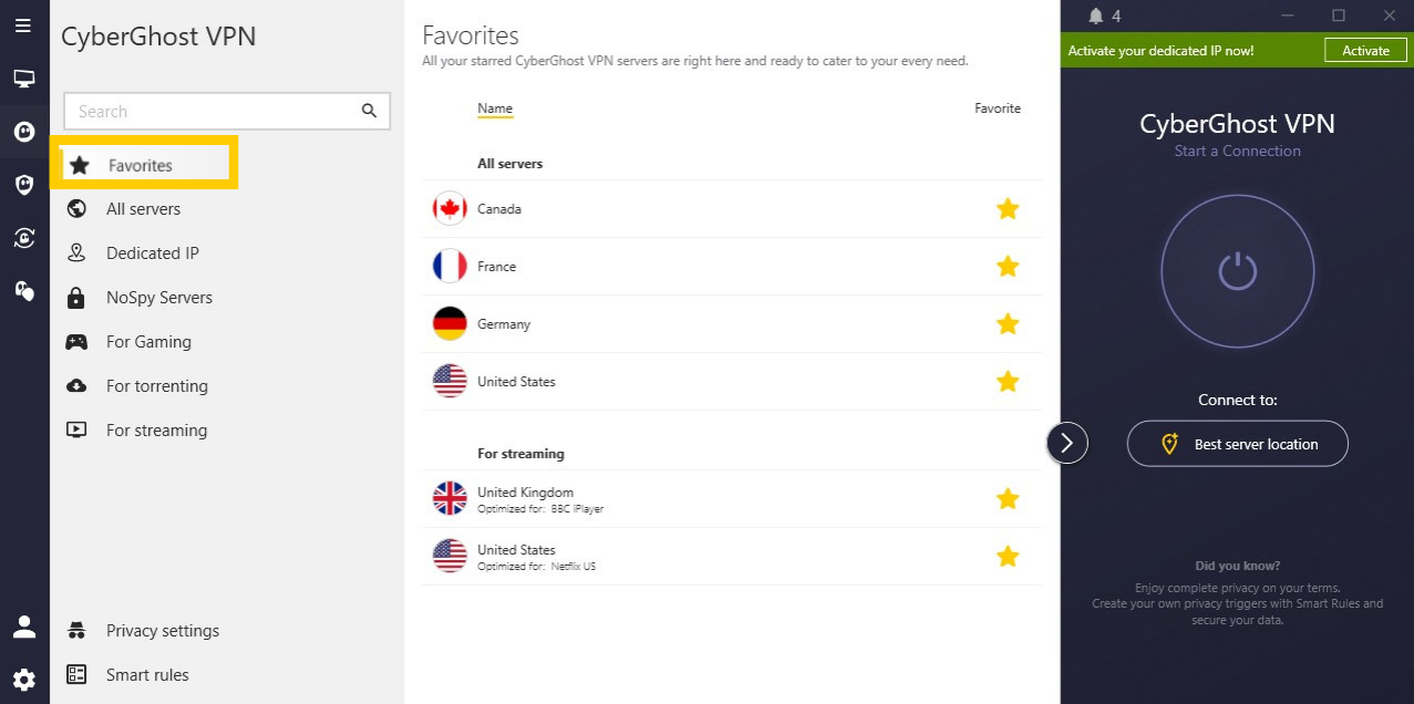 Vue étendue de l'application CyberGhost VPN avec l'onglet Favoris mis en évidence.