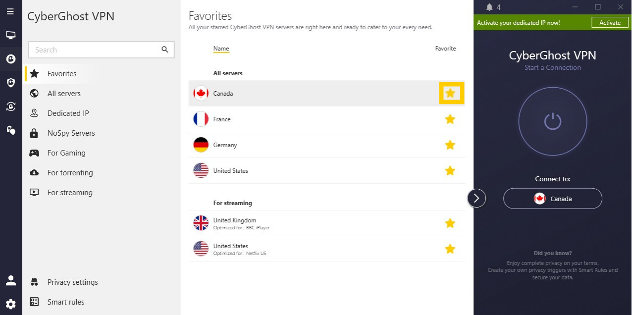 Vue étendue de l'application CyberGhost VPN, dans l'onglet Favoris, avec l'étoile dorée à côté du Canada mise en évidence.