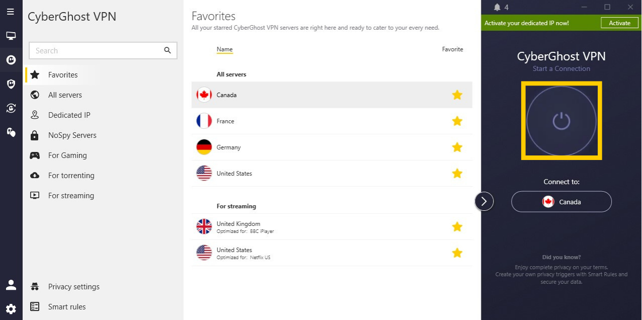 App von CyberGhost VPN: Erweiterte Ansicht des Tabs „Favoriten“ mit ausgewählter Option „Kanada“ und hervorgehobener Ein-/Aus-Schaltfläche.