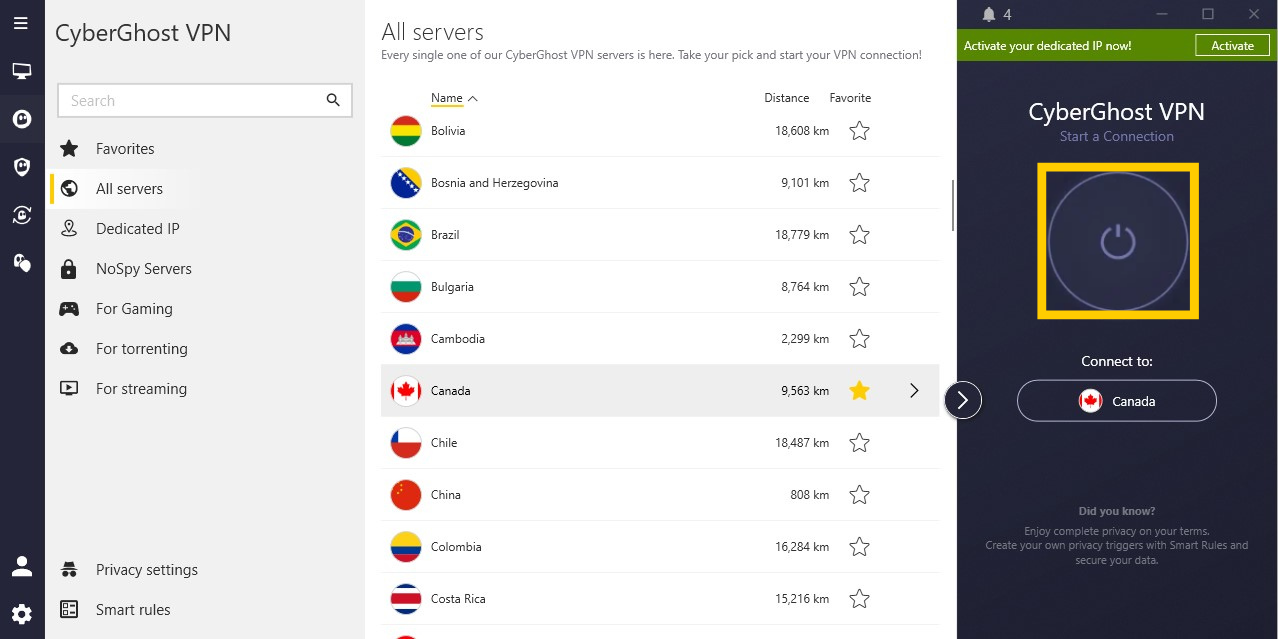 Der Tab „Alle Server“ in der App von CyberGhost VPN, auf dem Kanada ausgewählt ist und die Ein-/Aus-Schaltfläche hervorgehoben ist.
