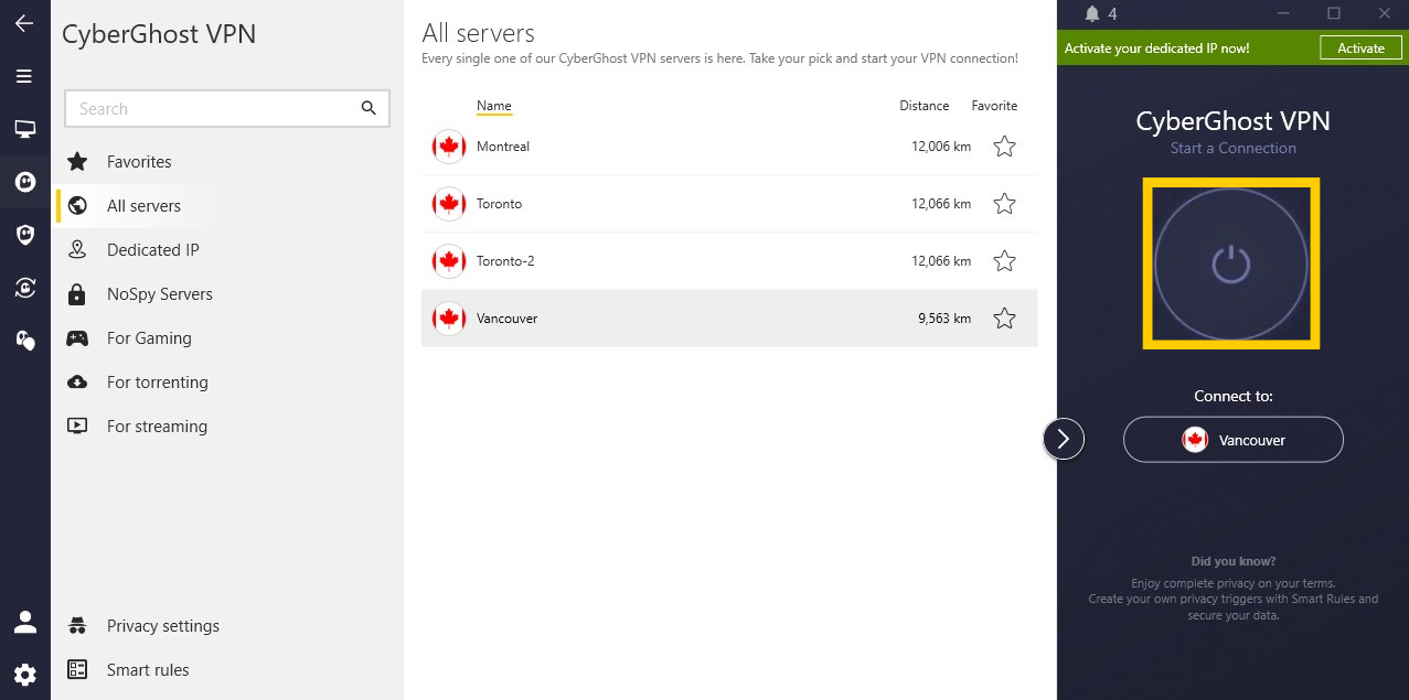 Die App von CyberGhost VPN zeigt die Liste der Serverstandorte in Kanada an, wobei Vancouver ausgewählt und die Ein-/Aus-Schaltfläche hervorgehoben ist. 