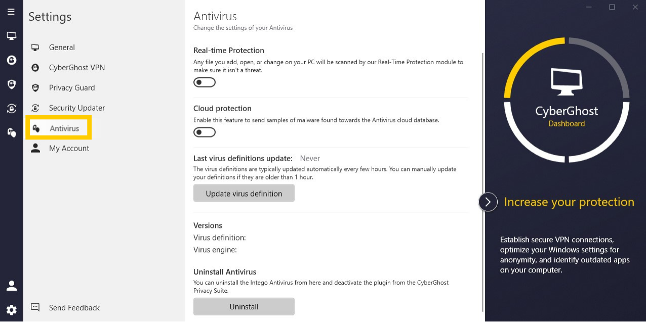 Page des paramètres Antivirus de l'application CyberGhost VPN.